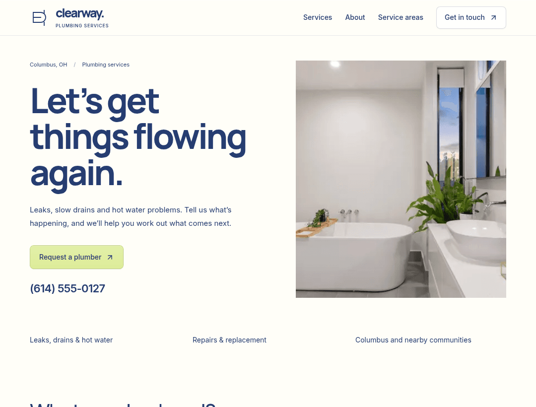 Clearway Plumbing fictional redesign, showing its service website at desktop width