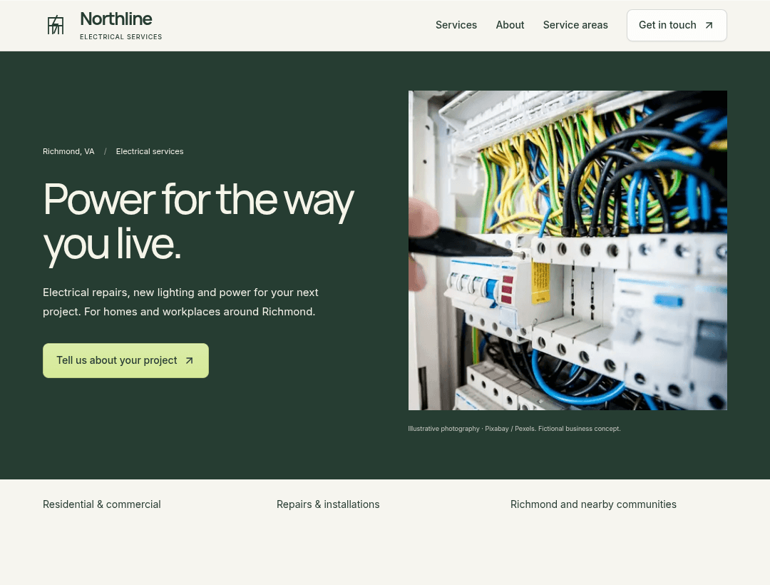 Northline Electric fictional redesign, showing its service website at desktop width