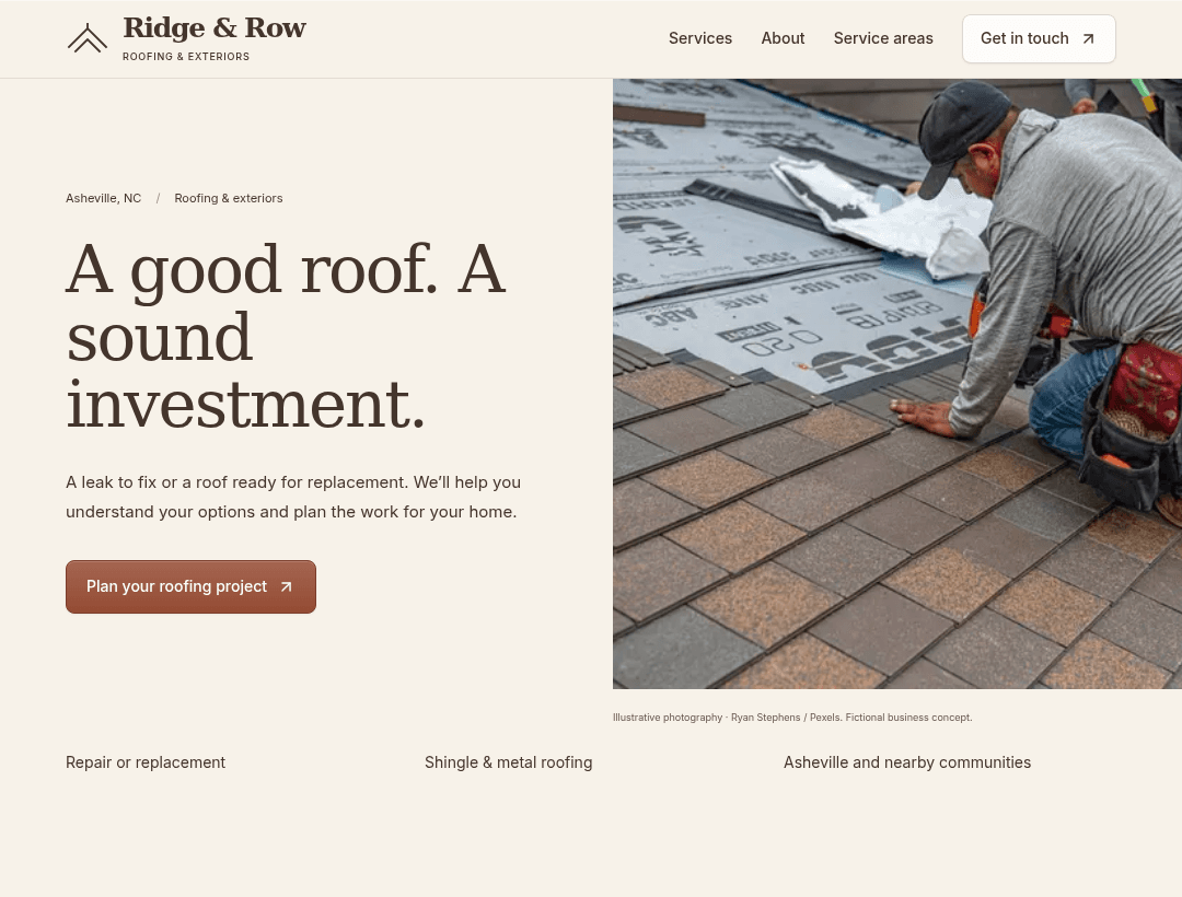Ridge & Row fictional redesign, showing its service website at desktop width