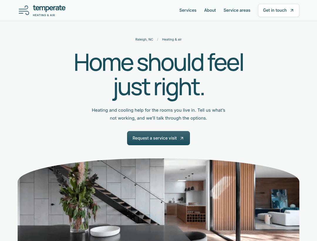 Temperate fictional redesign, showing its service website at desktop width